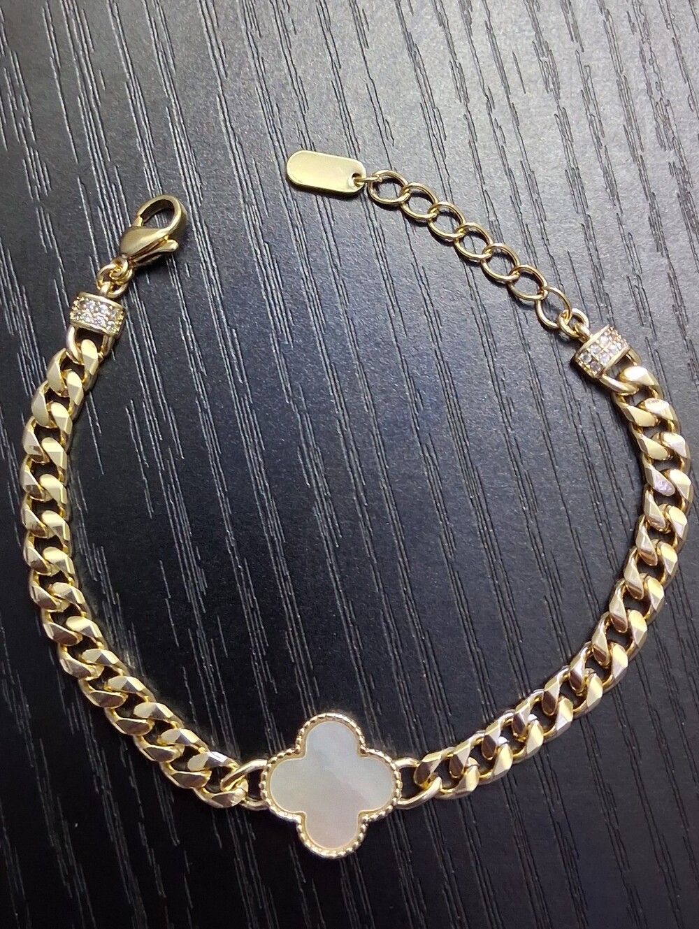 Gold Clover Link Bracelet with White Real Mother-of-Pearl Accent